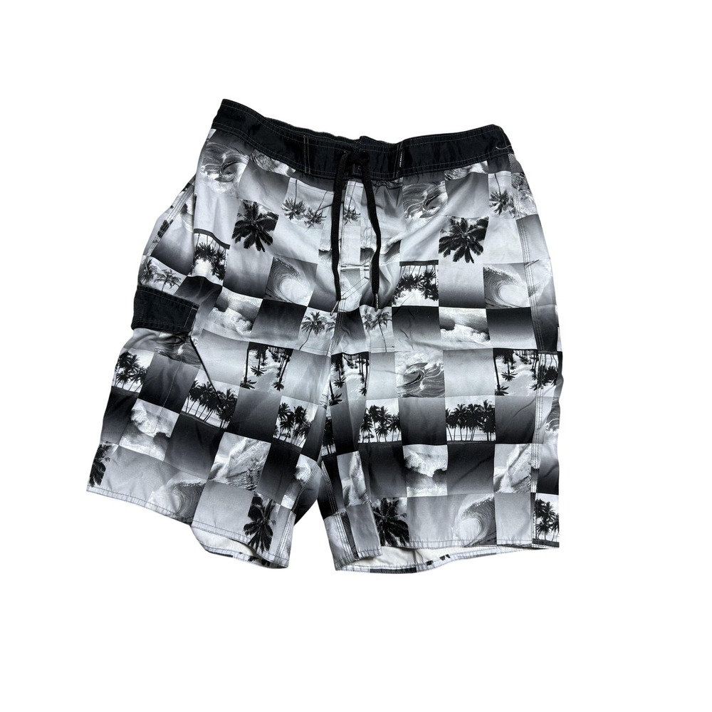 Joe Boxer Swim Trunks Shorts Mens Large Gray Tropical Patchwork Palm Print Beach